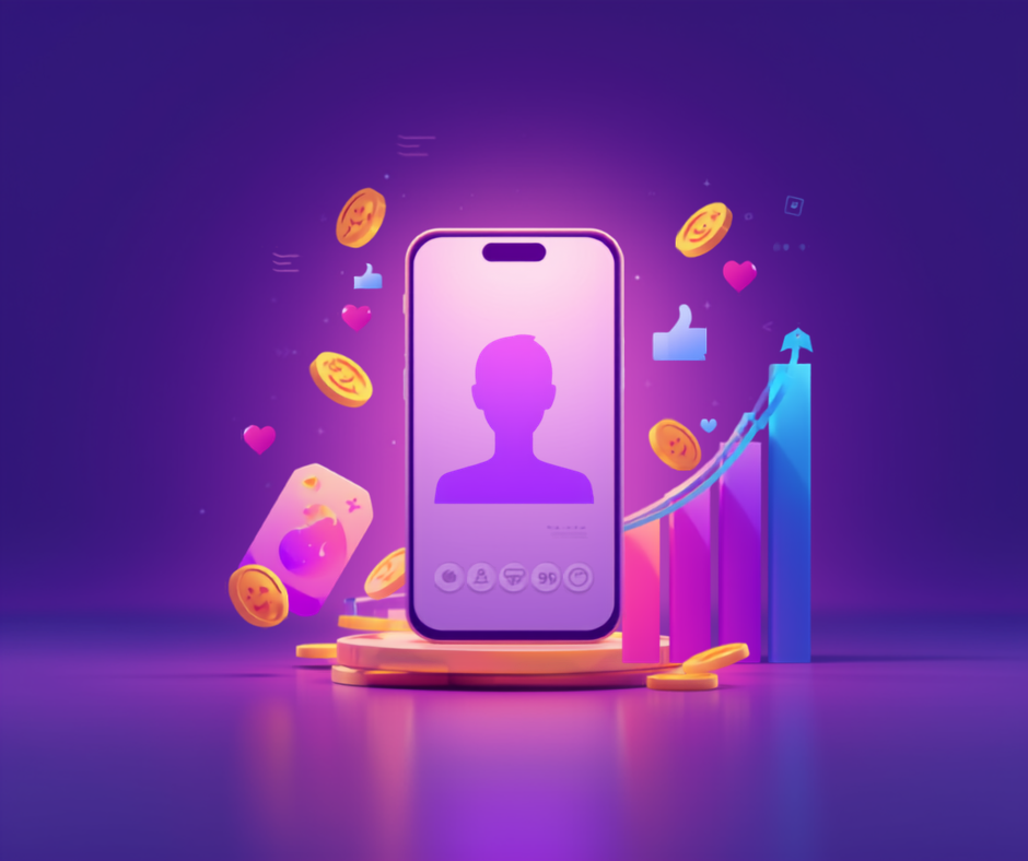 איור מודרני של מחיר קידום ברשתות חברתיות עם סמארטפון מטבעות תווית מחיר ולבבות